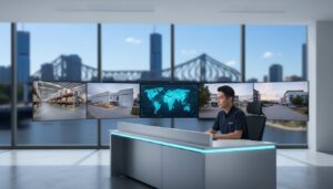 A man sits at a modern desk with multiple monitors displaying warehouse, map, and facility images, with large windows showing a cityscape and bridge in the background.