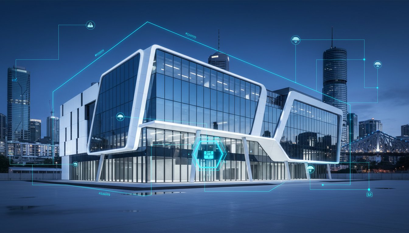 A modern glass office building with digital interface graphics overlay, set against a city skyline at dusk.