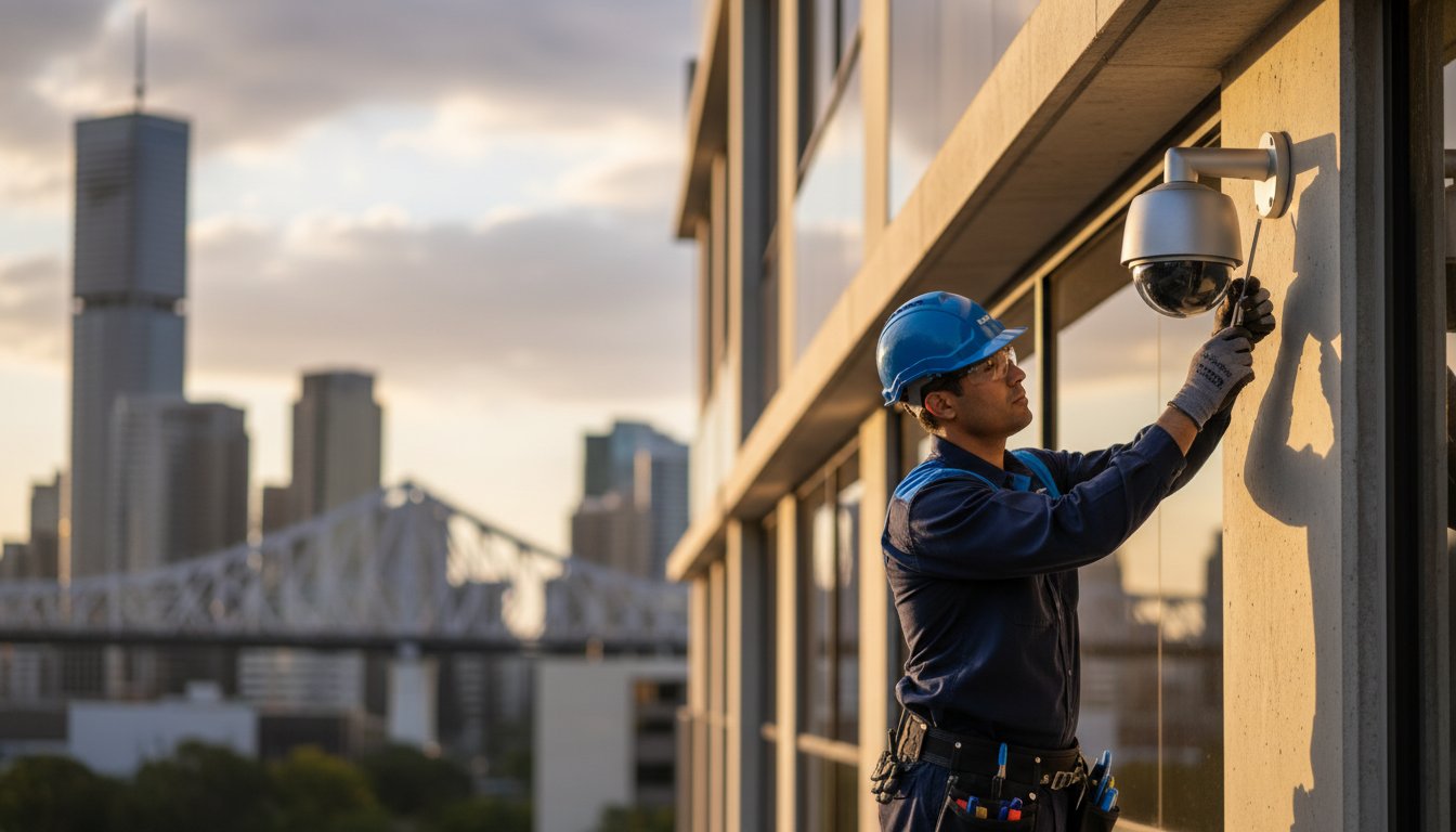 A worker wearing a hard hat and gloves installs a security camera on the exterior wall of a building with a city skyline and bridge in the background.