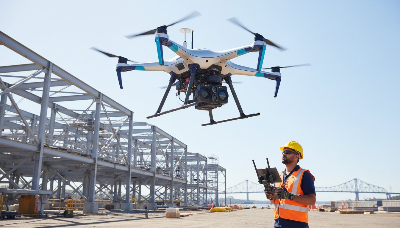 A worker in a hard hat and safety vest operates a large drone with a camera at an industrial construction site near a bridge.