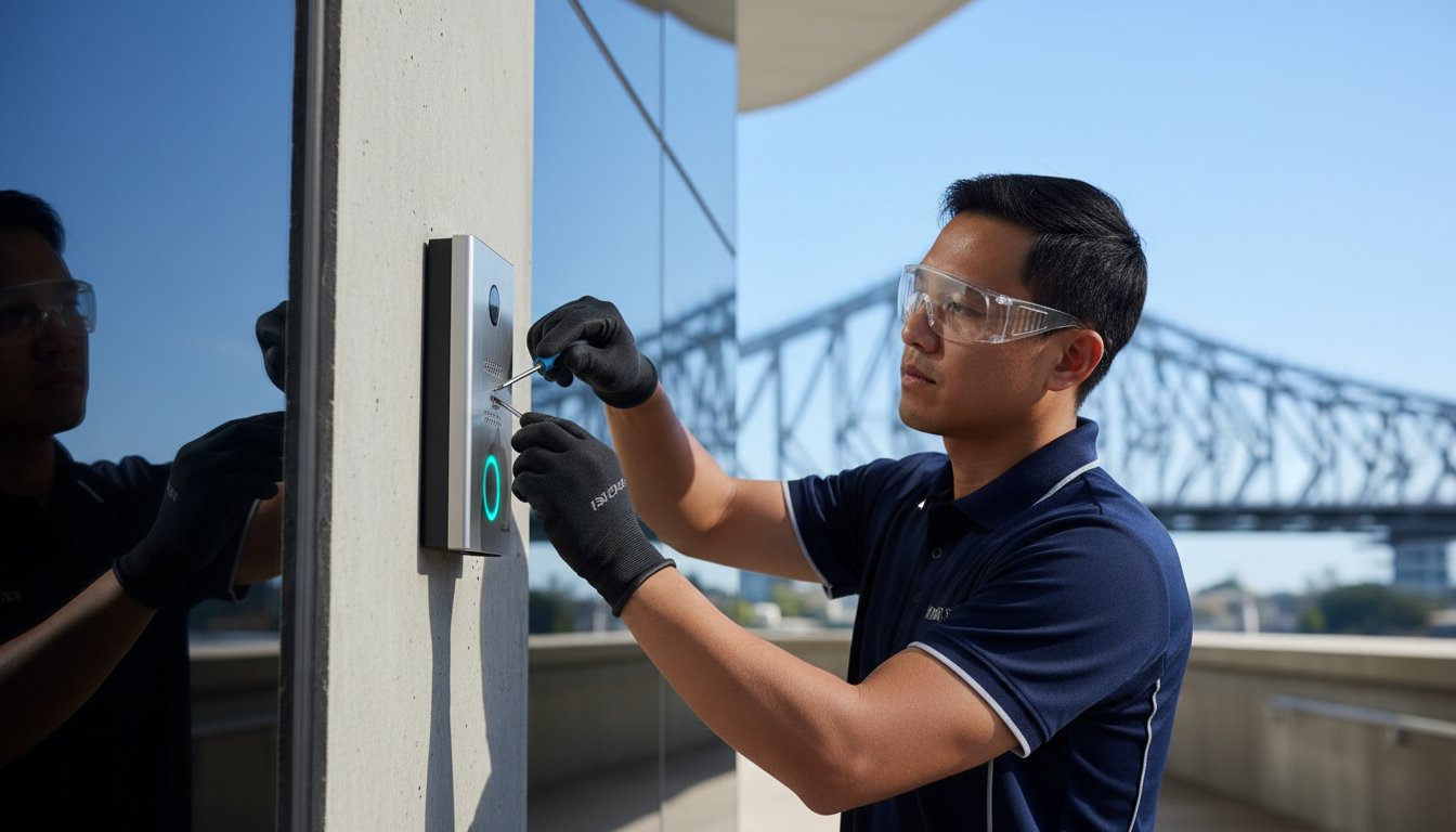 A technician wearing safety glasses and gloves installs or repairs an outdoor electronic access panel on a building, with a bridge visible in the background.